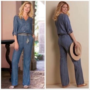 Soft Surroundings Blue Chambray Straight Leg Jumpsuit. Belt not included.